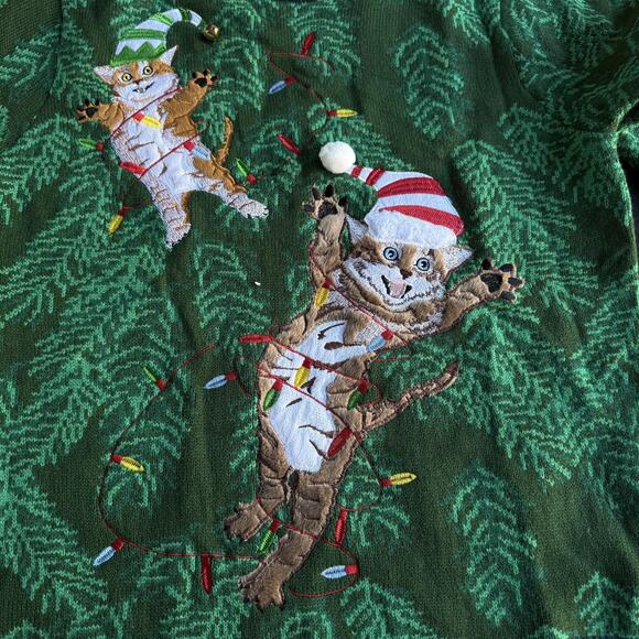 Blizzard Bay Sweater Mens Large Green Christmas Cats Lights Ugly Holiday Pompom - Picture 4 of 10